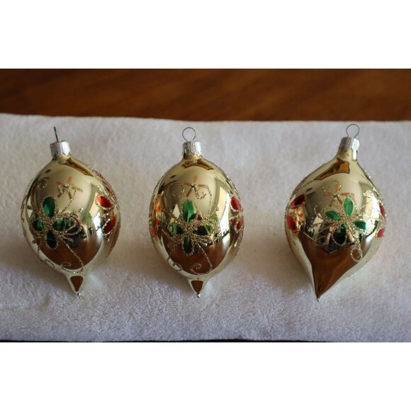 3x Commodore Teardrop Ornaments Romania Vintage Glitter Floral Gold Red 4" - Picture 6 of 10